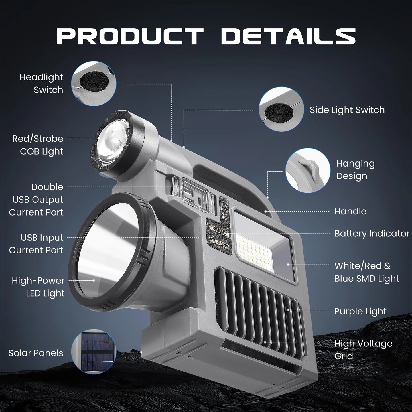 Spotlight Flashlight, 1500,000 Lumens and 10 Light Modes, IP67 Waterproof and Drop Resistant Rechargeable Spotlight, Solar Charging and Mobile Power, Outdoor Adventure, Emergency Use