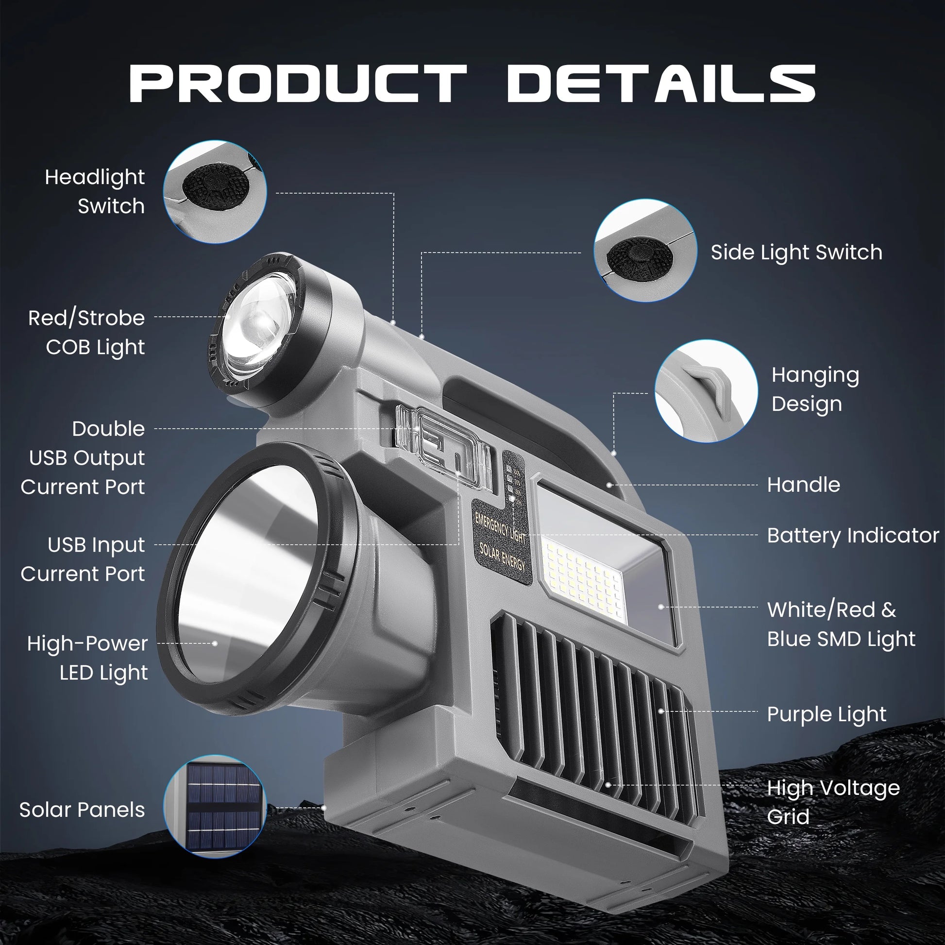 Spotlight Flashlight, 1500,000 Lumens and 10 Light Modes, IP67 Waterproof and Drop Resistant Rechargeable Spotlight, Solar Charging and Mobile Power, Outdoor Adventure, Emergency Use