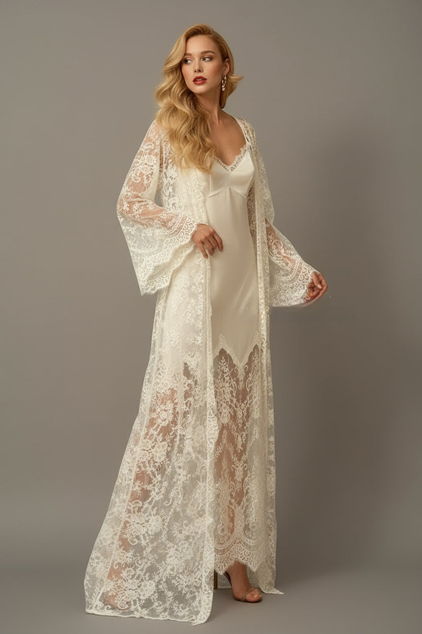 Chantilly Lace Long Robe with Silky Satin Lace Nightgown - next day shipping