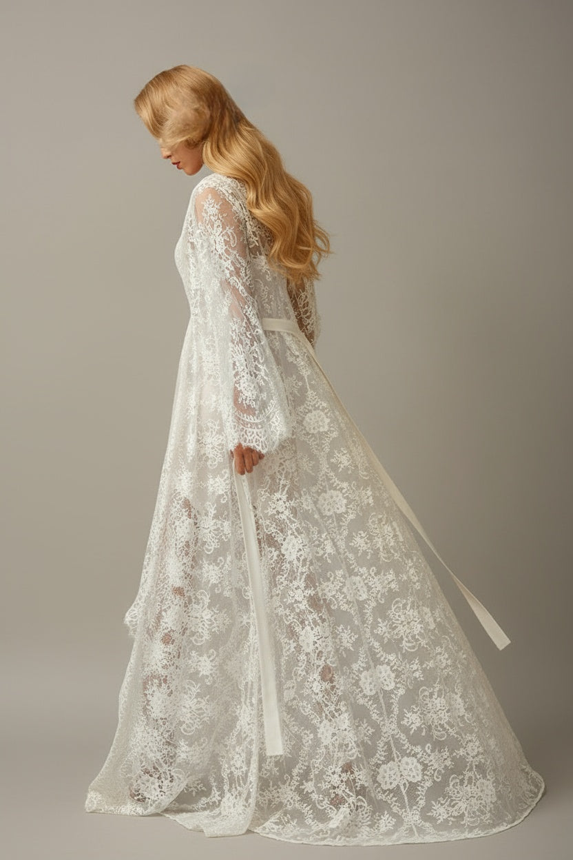 Chantilly Lace Long Robe with Silky Satin Lace Nightgown - next day shipping