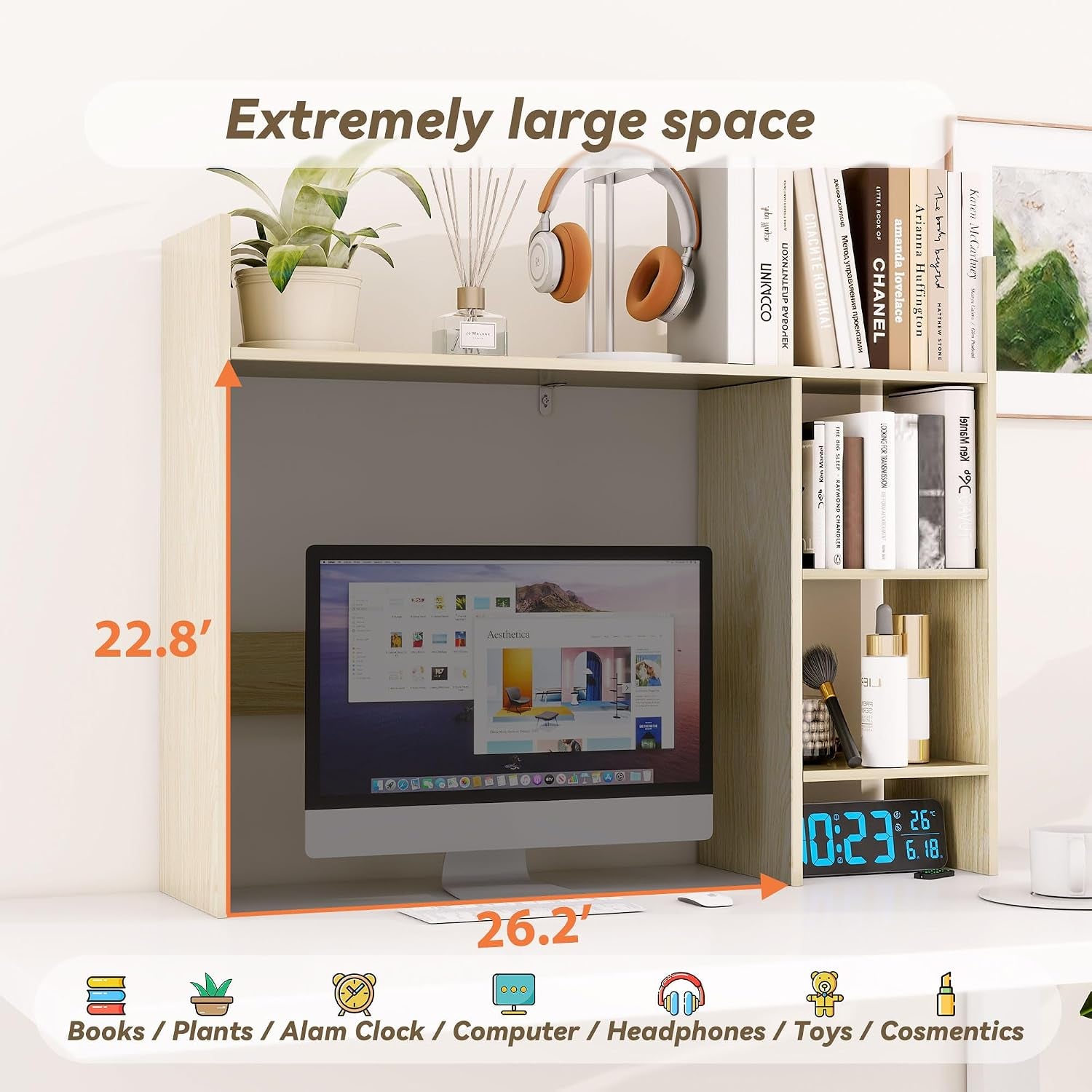 Desktop Bookshelf, 37.4’’ Wooden Desk Storage Hutch with 3 Shelves,4 Tier Multipurpose Display Shelf with Storage, Wooden Desk Shelf Organizer for Computer Desk, College Dorm, Office, Home