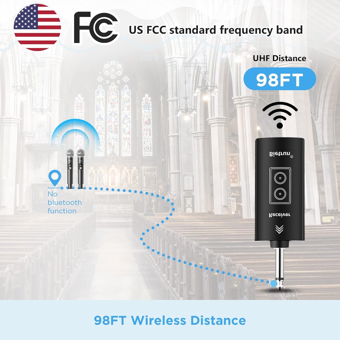 Wireless Microphone, UHF Dual Handheld Cordless Dynamic Metal Mic Set with Rechargeable Receiver, 1/4'' Plug Output, for Karaoke, Church, Wedding, Party Singing(98 Ft Range)(Auto Connect)