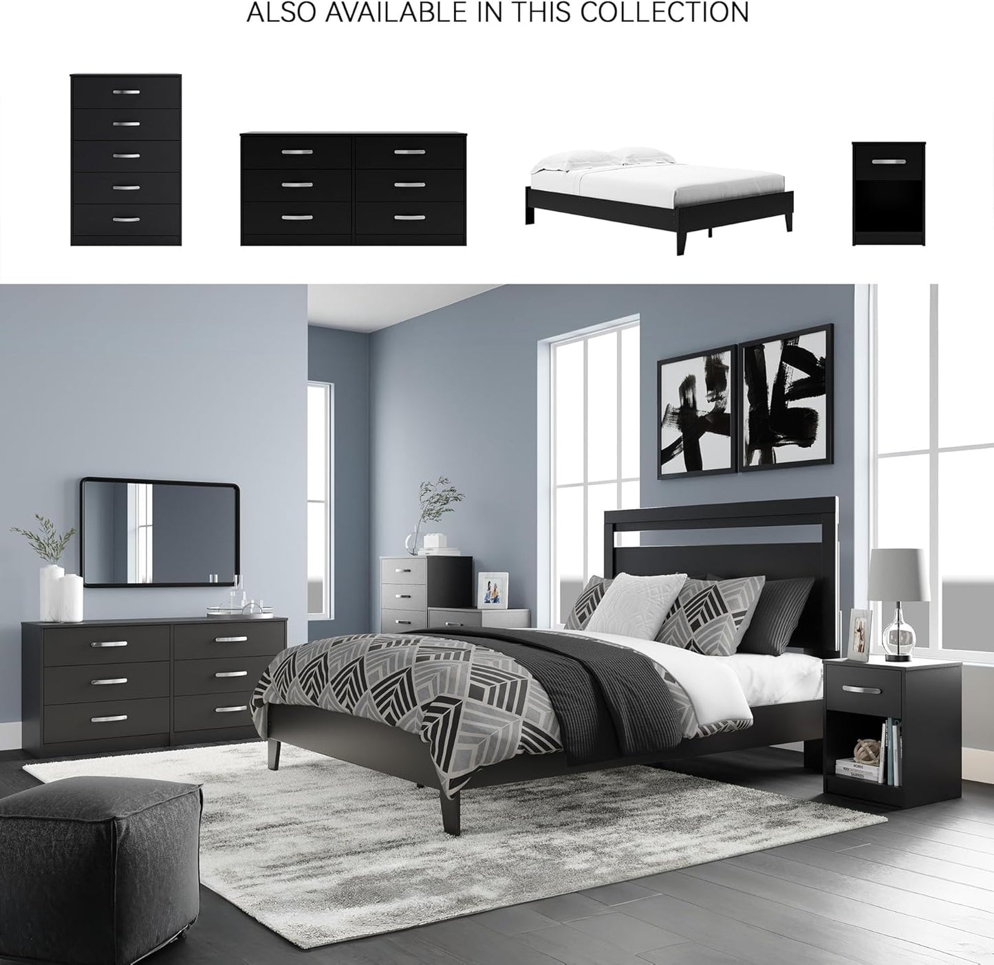 Signature Design by Ashley Finch Modern 1 Drawer Night Stand with Open Cubby, Black
