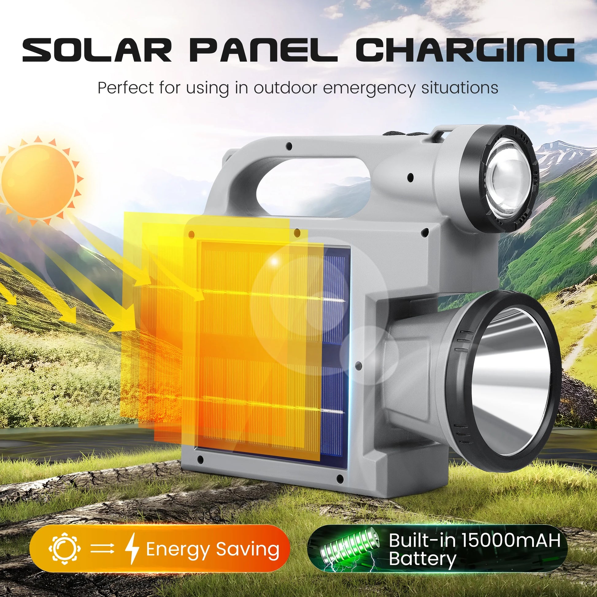 Spotlight Flashlight, 1500,000 Lumens and 10 Light Modes, IP67 Waterproof and Drop Resistant Rechargeable Spotlight, Solar Charging and Mobile Power, Outdoor Adventure, Emergency Use