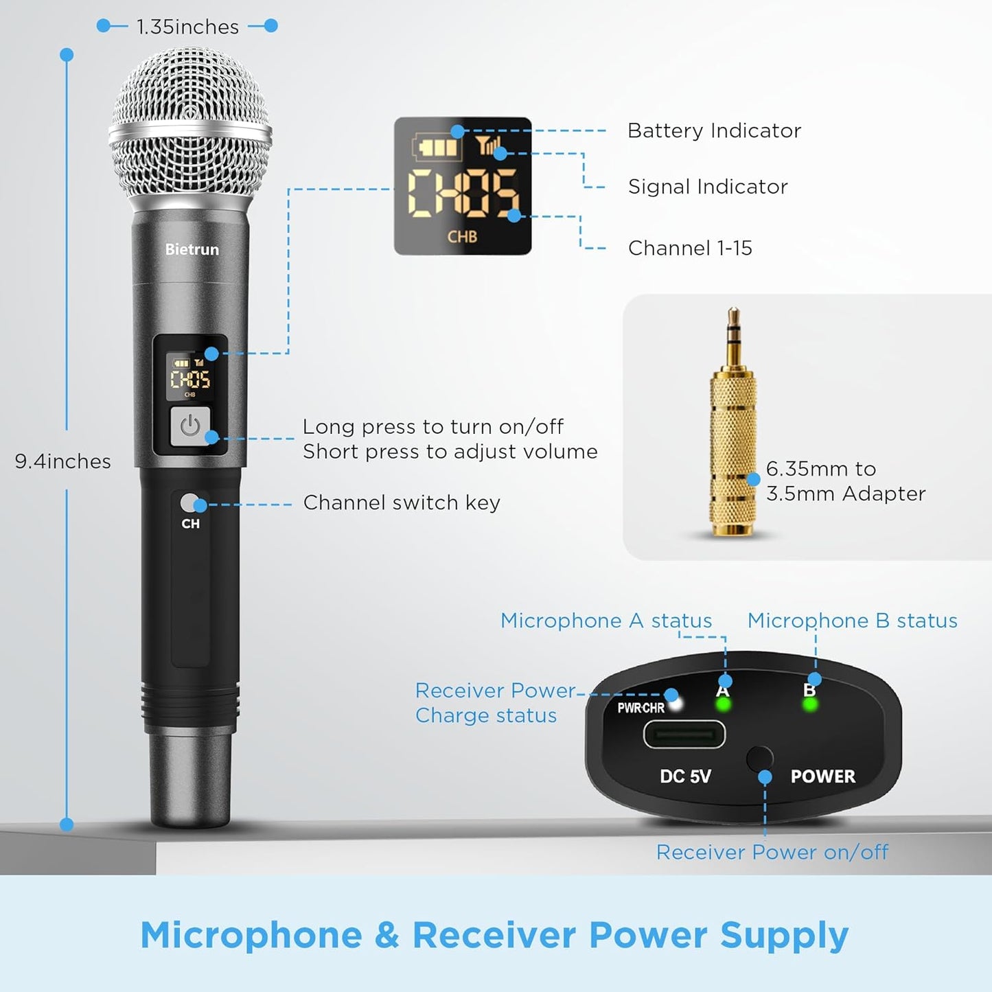 Wireless Microphone, UHF Dual Handheld Cordless Dynamic Metal Mic Set with Rechargeable Receiver, 1/4'' Plug Output, for Karaoke, Church, Wedding, Party Singing(98 Ft Range)(Auto Connect)