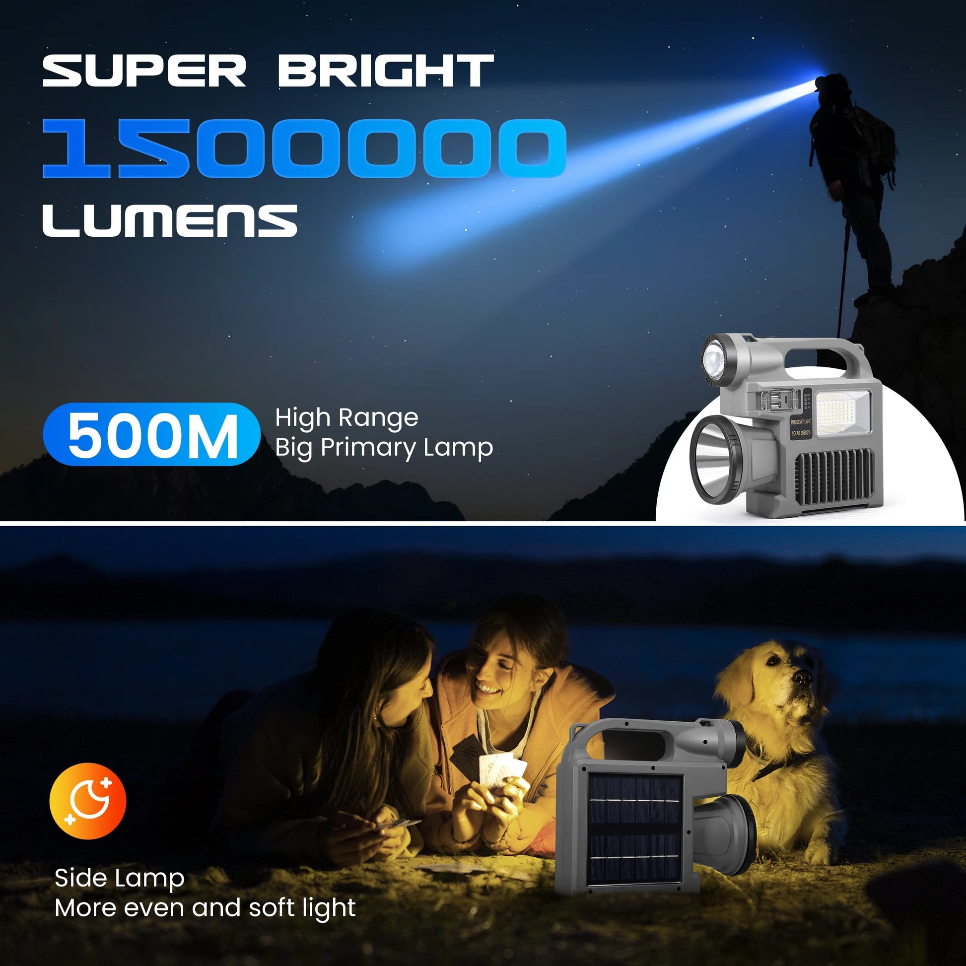 Spotlight Flashlight, 1500,000 Lumens and 10 Light Modes, IP67 Waterproof and Drop Resistant Rechargeable Spotlight, Solar Charging and Mobile Power, Outdoor Adventure, Emergency Use