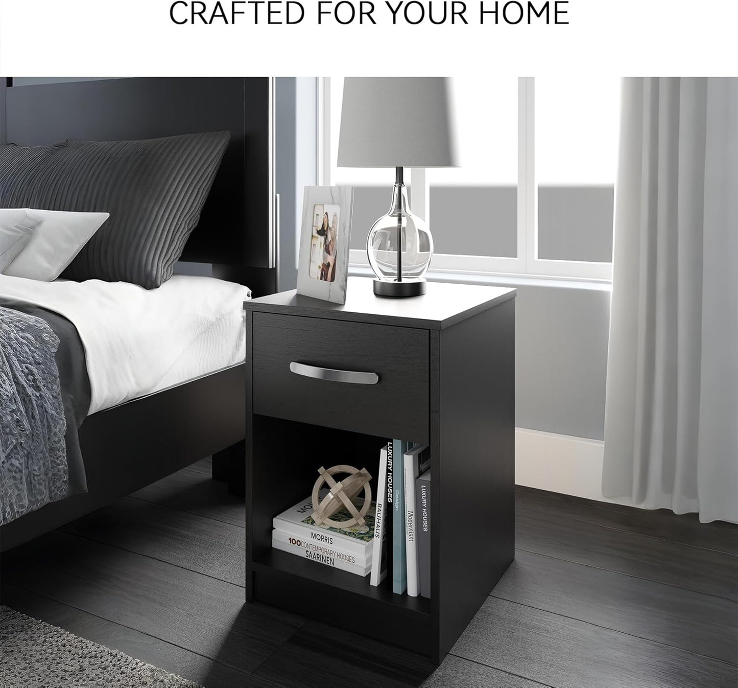 Signature Design by Ashley Finch Modern 1 Drawer Night Stand with Open Cubby, Black