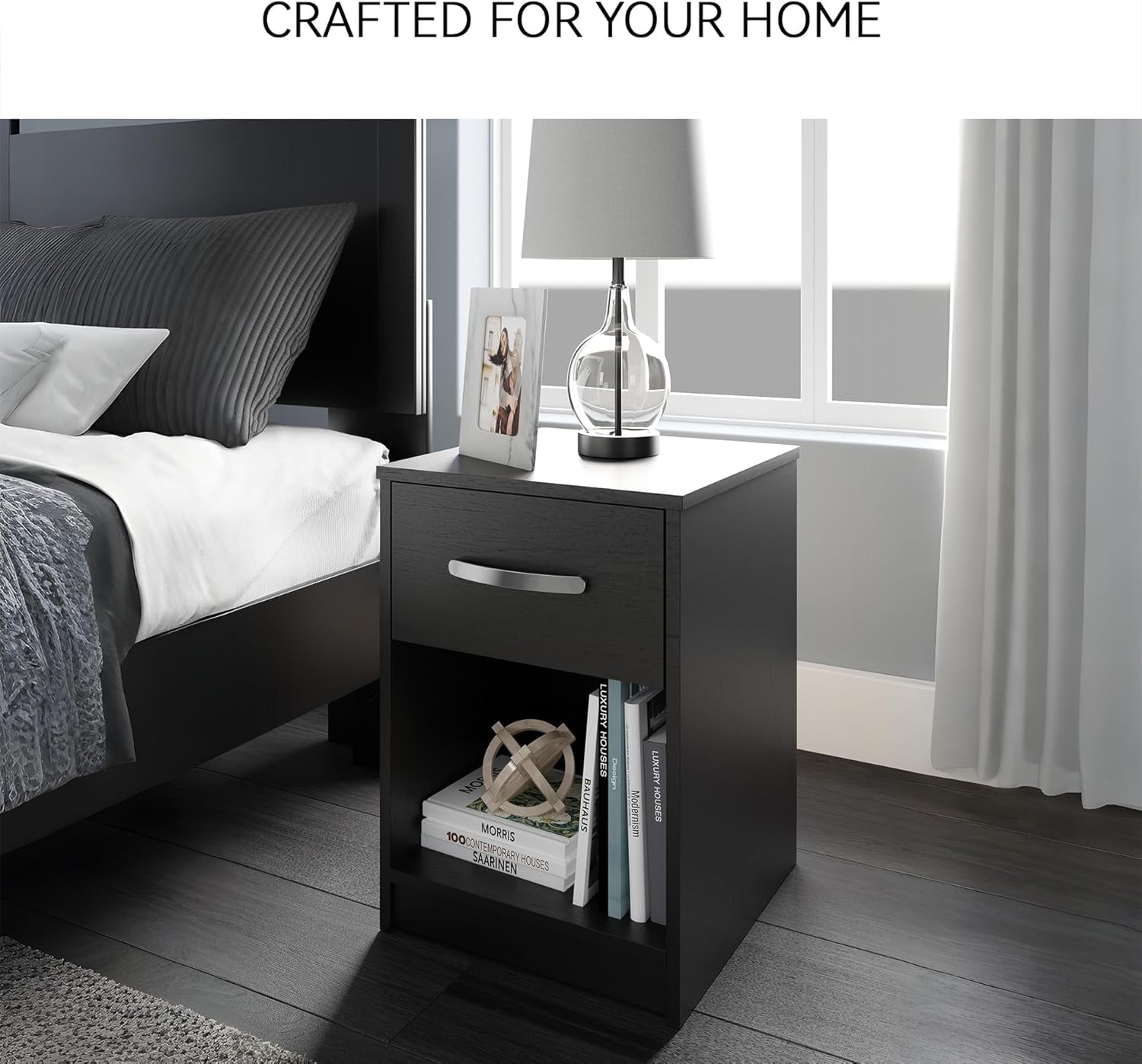 Signature Design by Ashley Finch Modern 1 Drawer Night Stand with Open Cubby, Black