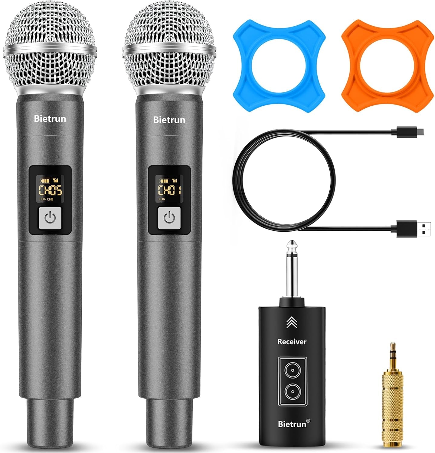 Wireless Microphone, UHF Dual Handheld Cordless Dynamic Metal Mic Set with Rechargeable Receiver, 1/4'' Plug Output, for Karaoke, Church, Wedding, Party Singing(98 Ft Range)(Auto Connect)