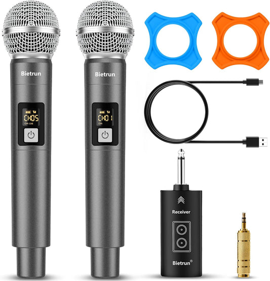 Wireless Microphone, UHF Dual Handheld Cordless Dynamic Metal Mic Set with Rechargeable Receiver, 1/4'' Plug Output, for Karaoke, Church, Wedding, Party Singing(98 Ft Range)(Auto Connect)