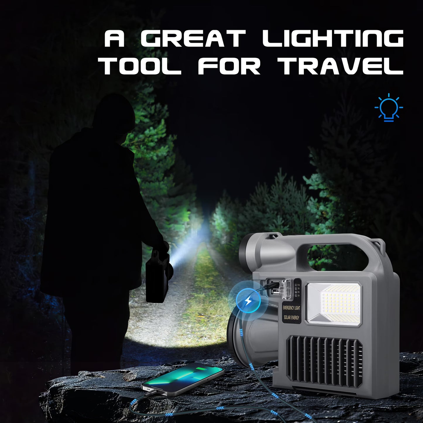 Spotlight Flashlight, 1500,000 Lumens and 10 Light Modes, IP67 Waterproof and Drop Resistant Rechargeable Spotlight, Solar Charging and Mobile Power, Outdoor Adventure, Emergency Use