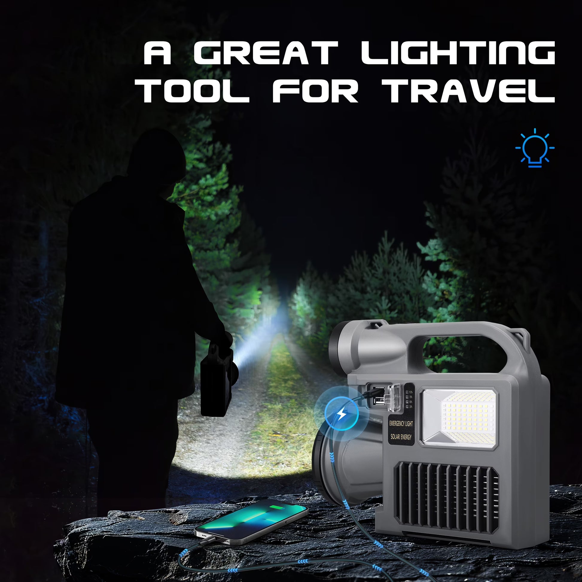 Spotlight Flashlight, 1500,000 Lumens and 10 Light Modes, IP67 Waterproof and Drop Resistant Rechargeable Spotlight, Solar Charging and Mobile Power, Outdoor Adventure, Emergency Use