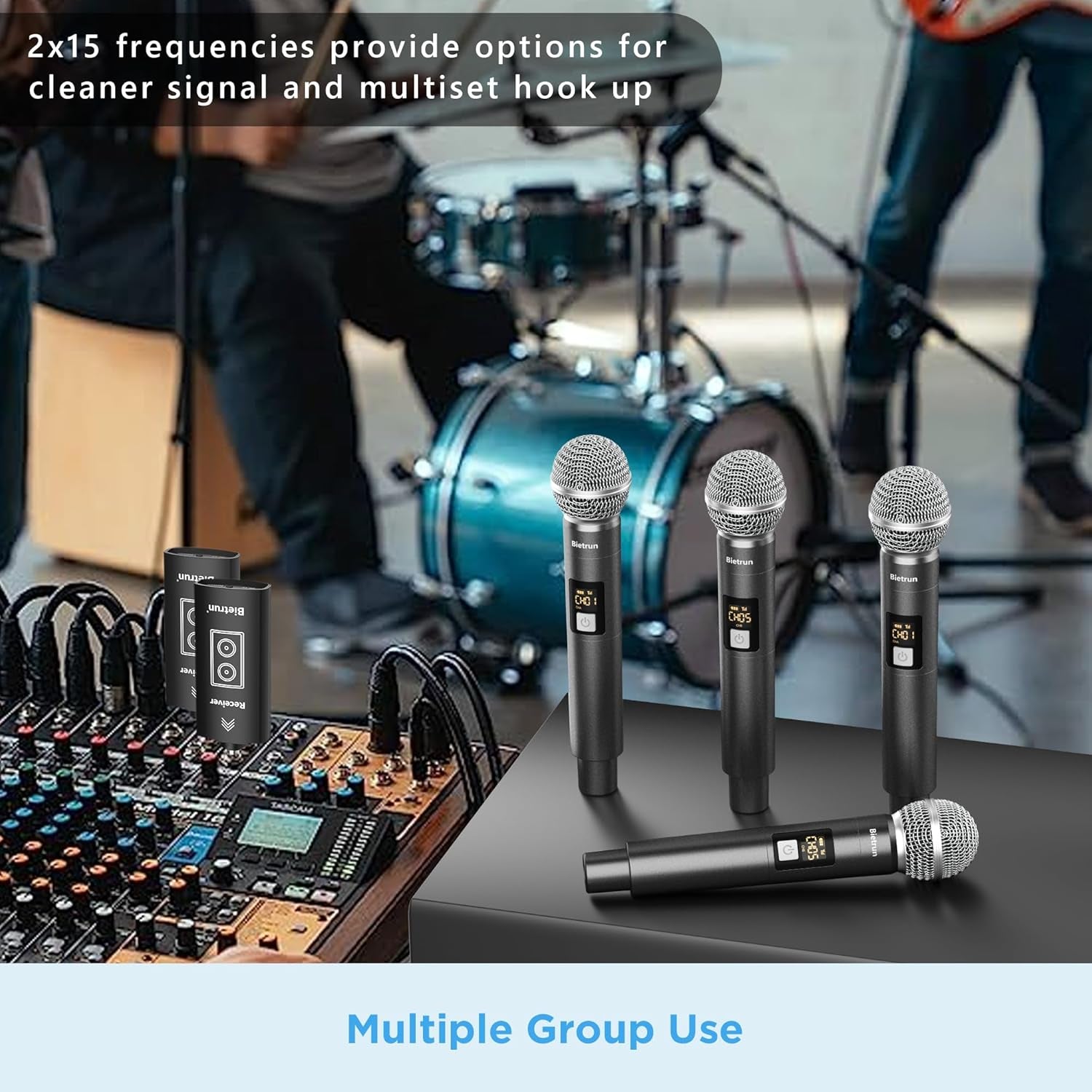 Wireless Microphone, UHF Dual Handheld Cordless Dynamic Metal Mic Set with Rechargeable Receiver, 1/4'' Plug Output, for Karaoke, Church, Wedding, Party Singing(98 Ft Range)(Auto Connect)