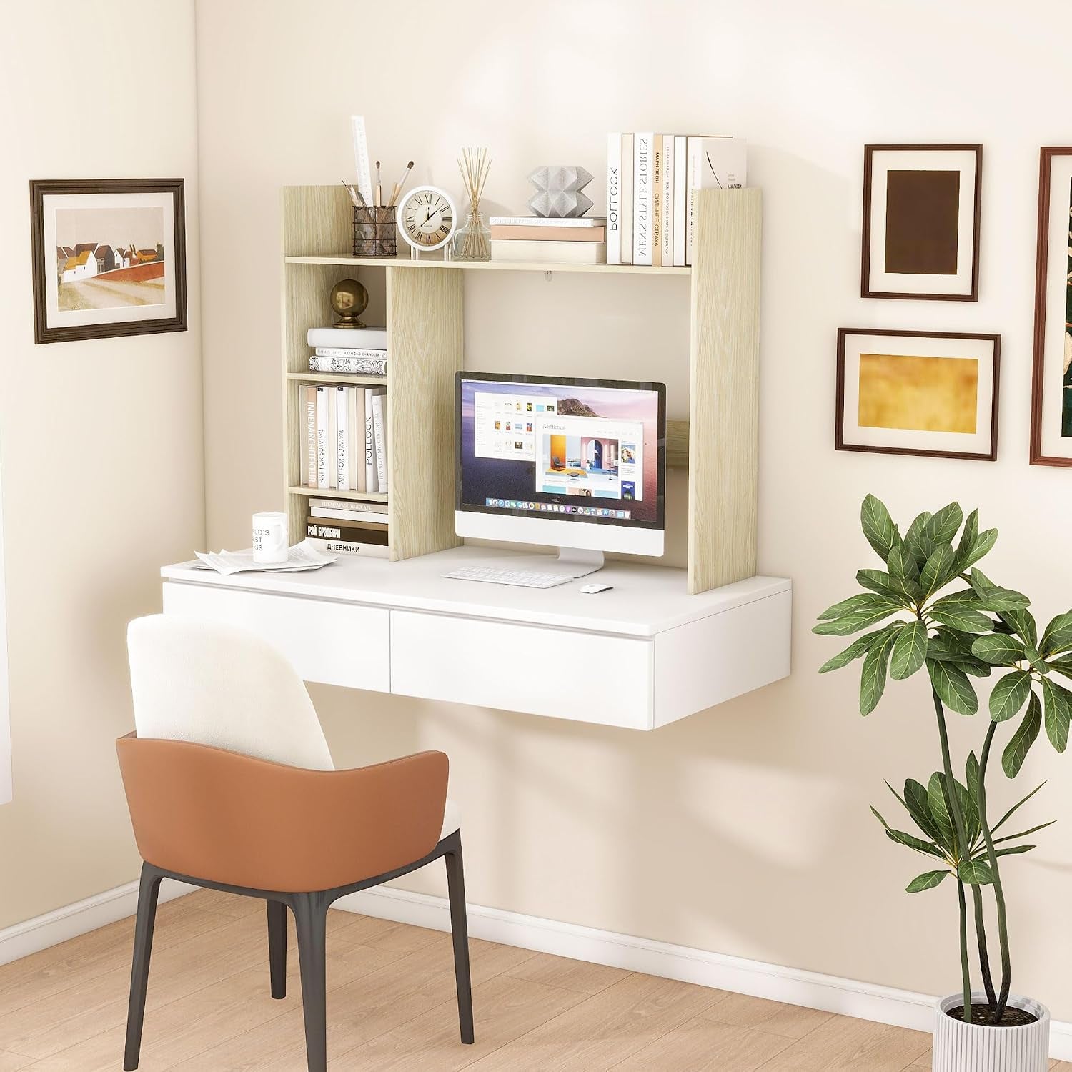 Desktop Bookshelf, 37.4’’ Wooden Desk Storage Hutch with 3 Shelves,4 Tier Multipurpose Display Shelf with Storage, Wooden Desk Shelf Organizer for Computer Desk, College Dorm, Office, Home