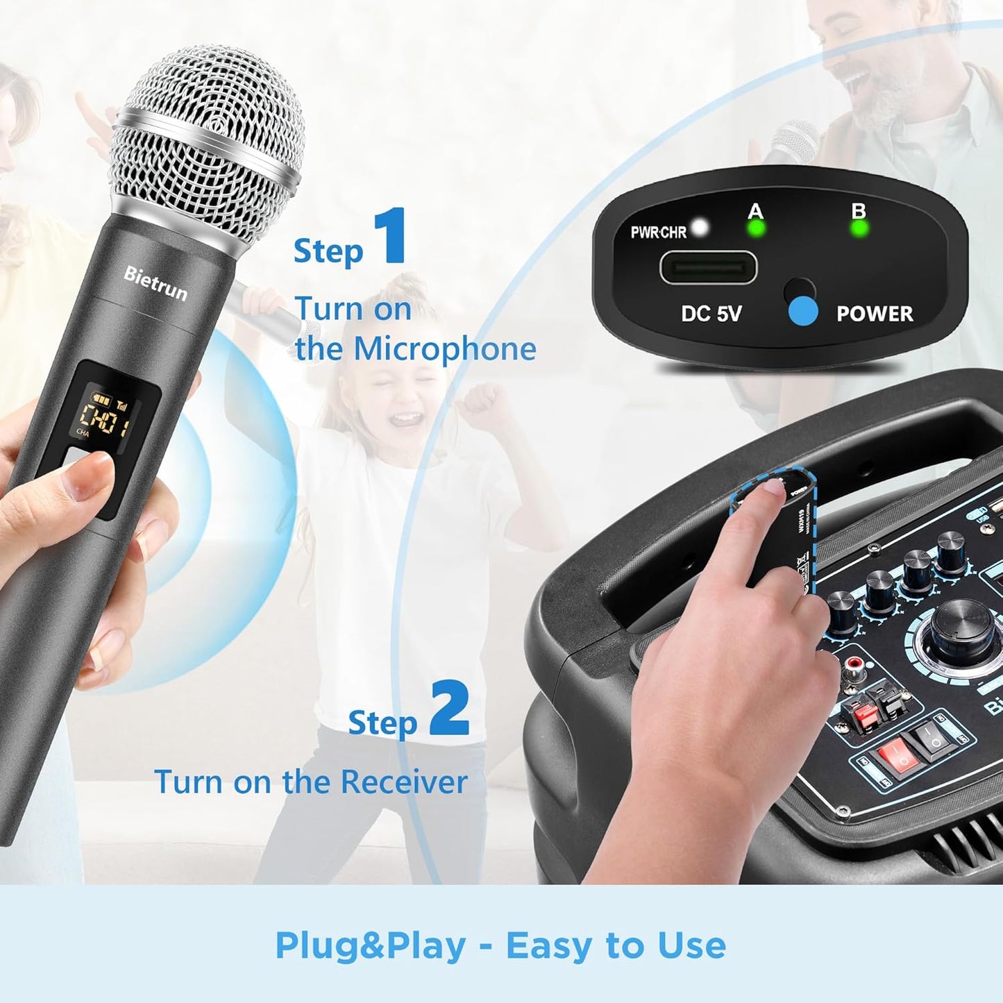 Wireless Microphone, UHF Dual Handheld Cordless Dynamic Metal Mic Set with Rechargeable Receiver, 1/4'' Plug Output, for Karaoke, Church, Wedding, Party Singing(98 Ft Range)(Auto Connect)