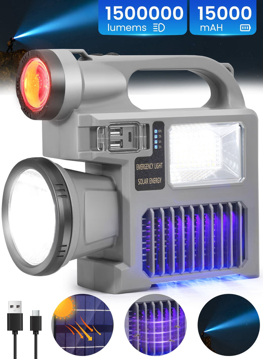 Spotlight Flashlight, 1500,000 Lumens and 10 Light Modes, IP67 Waterproof and Drop Resistant Rechargeable Spotlight, Solar Charging and Mobile Power, Outdoor Adventure, Emergency Use