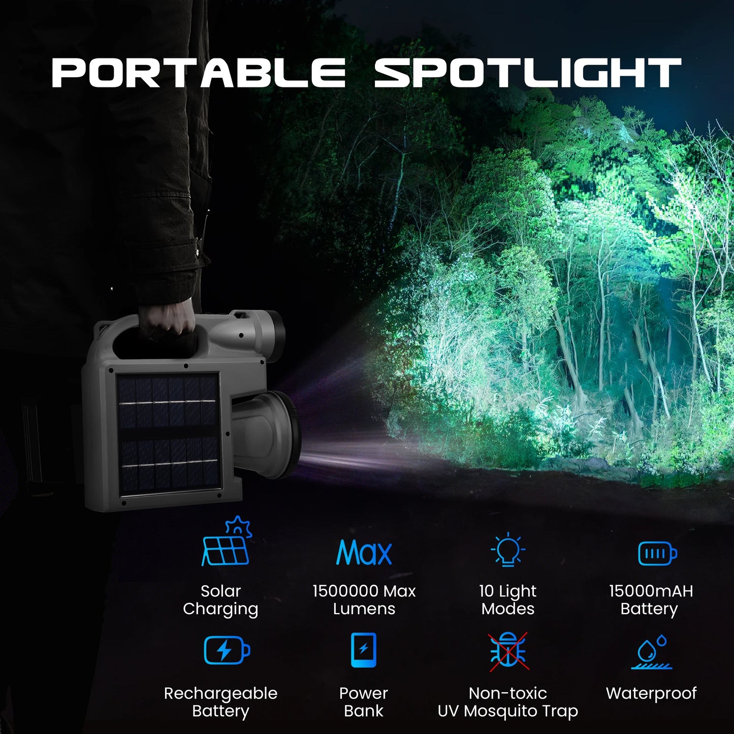 Spotlight Flashlight, 1500,000 Lumens and 10 Light Modes, IP67 Waterproof and Drop Resistant Rechargeable Spotlight, Solar Charging and Mobile Power, Outdoor Adventure, Emergency Use