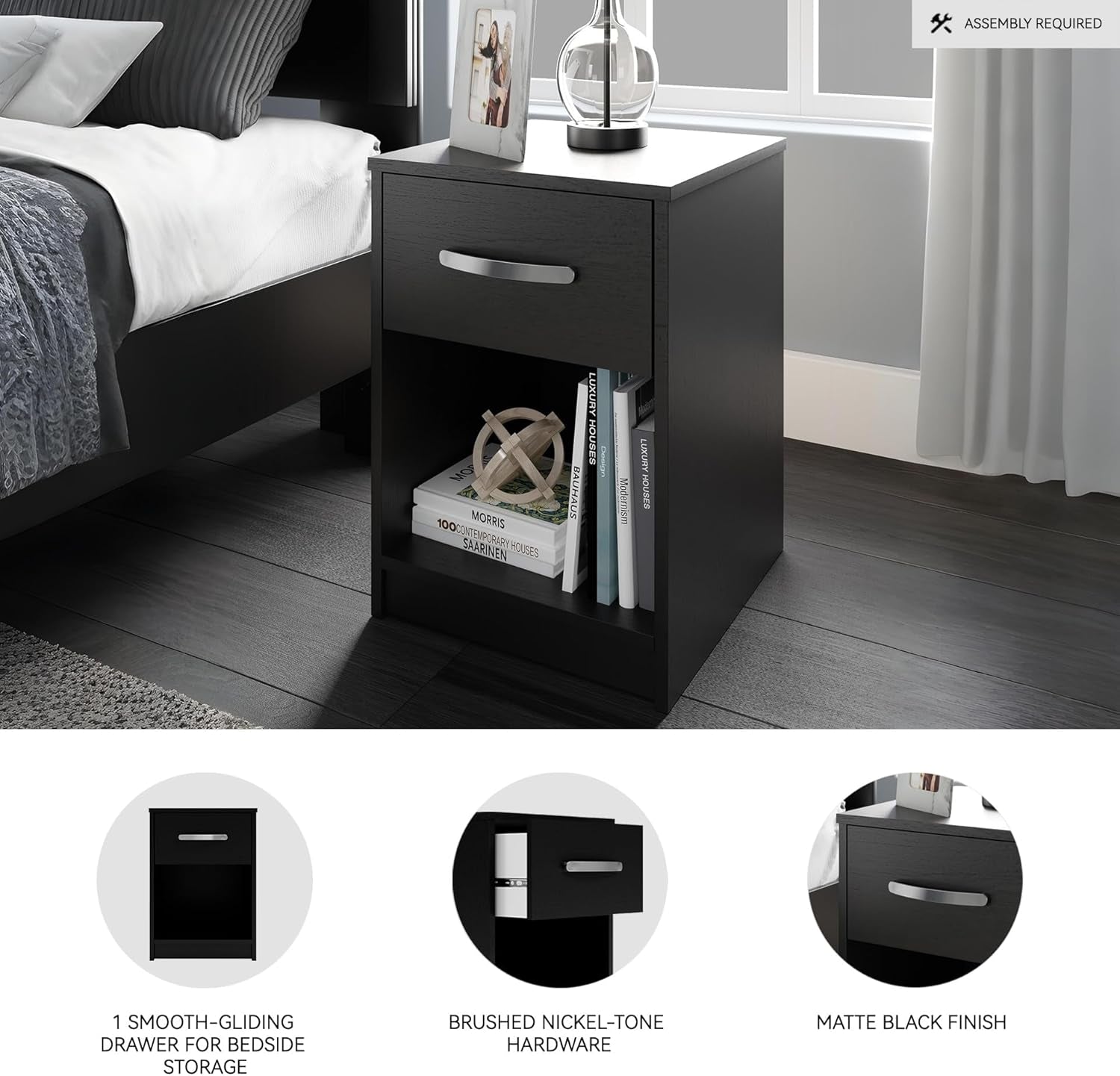 Signature Design by Ashley Finch Modern 1 Drawer Night Stand with Open Cubby, Black