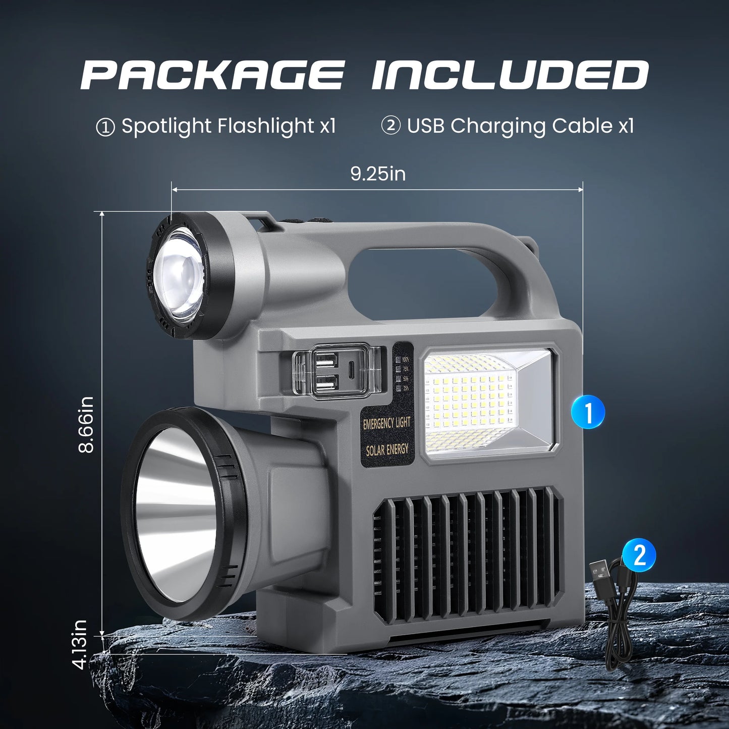 Spotlight Flashlight, 1500,000 Lumens and 10 Light Modes, IP67 Waterproof and Drop Resistant Rechargeable Spotlight, Solar Charging and Mobile Power, Outdoor Adventure, Emergency Use