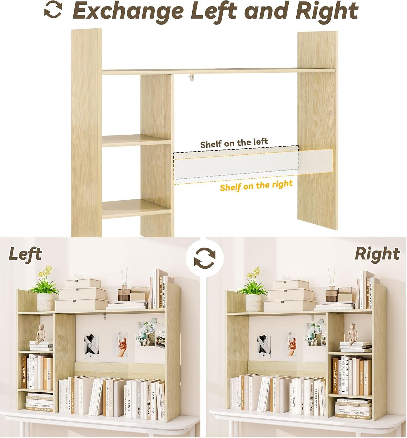 Desktop Bookshelf, 37.4’’ Wooden Desk Storage Hutch with 3 Shelves,4 Tier Multipurpose Display Shelf with Storage, Wooden Desk Shelf Organizer for Computer Desk, College Dorm, Office, Home
