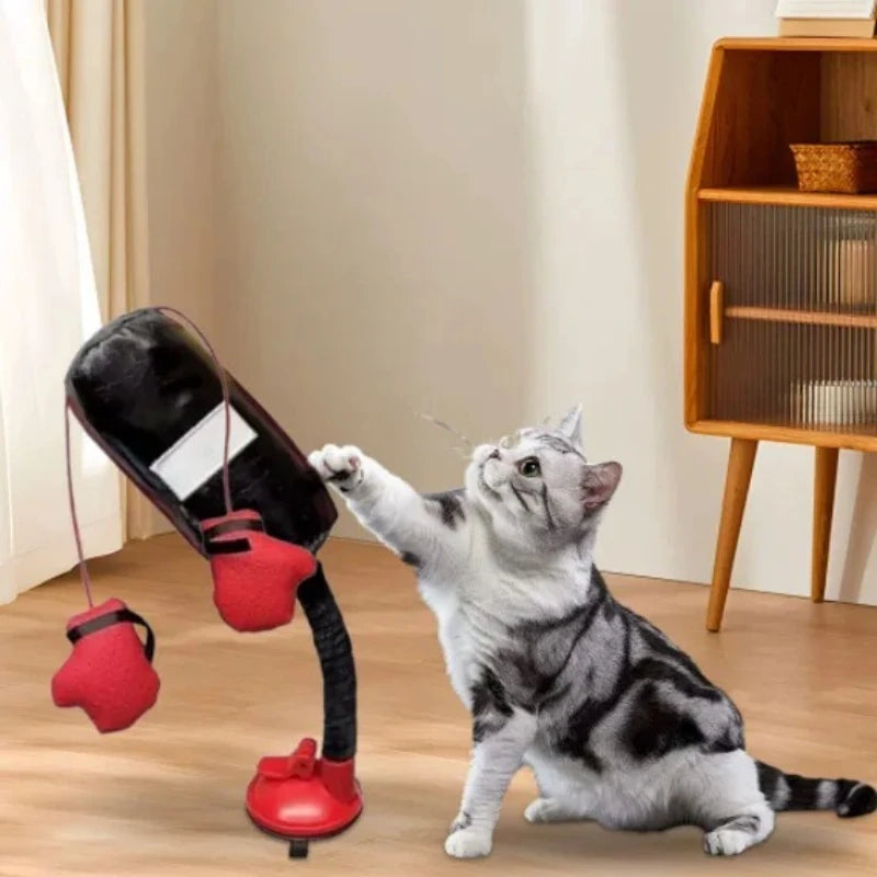 Cartoon Cat Punching Bag Toy with Boxing Gloves and Suction Cup Indoor Toy for Kittens and Adult Cats Color Randomly Shipped Pet