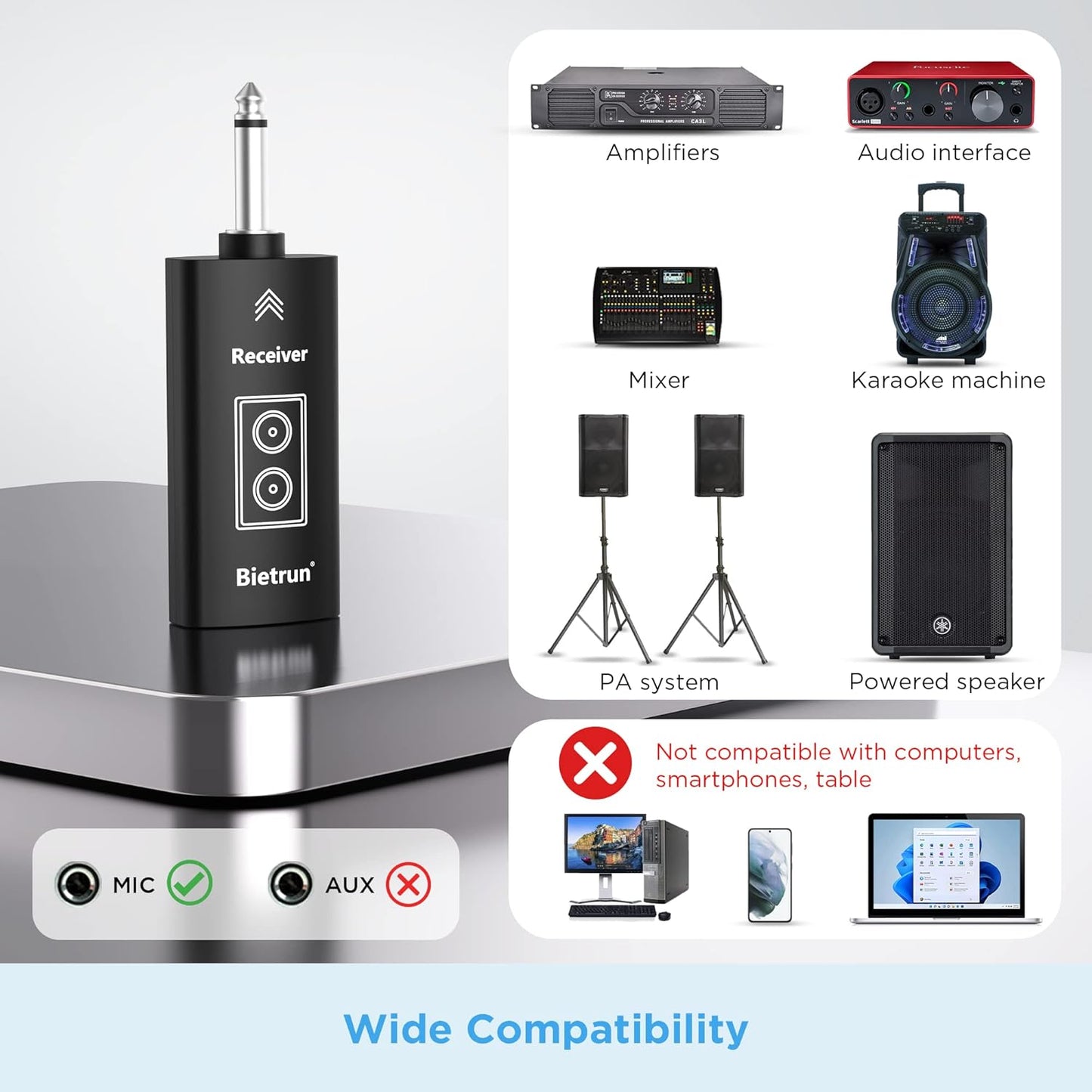Wireless Microphone, UHF Dual Handheld Cordless Dynamic Metal Mic Set with Rechargeable Receiver, 1/4'' Plug Output, for Karaoke, Church, Wedding, Party Singing(98 Ft Range)(Auto Connect)