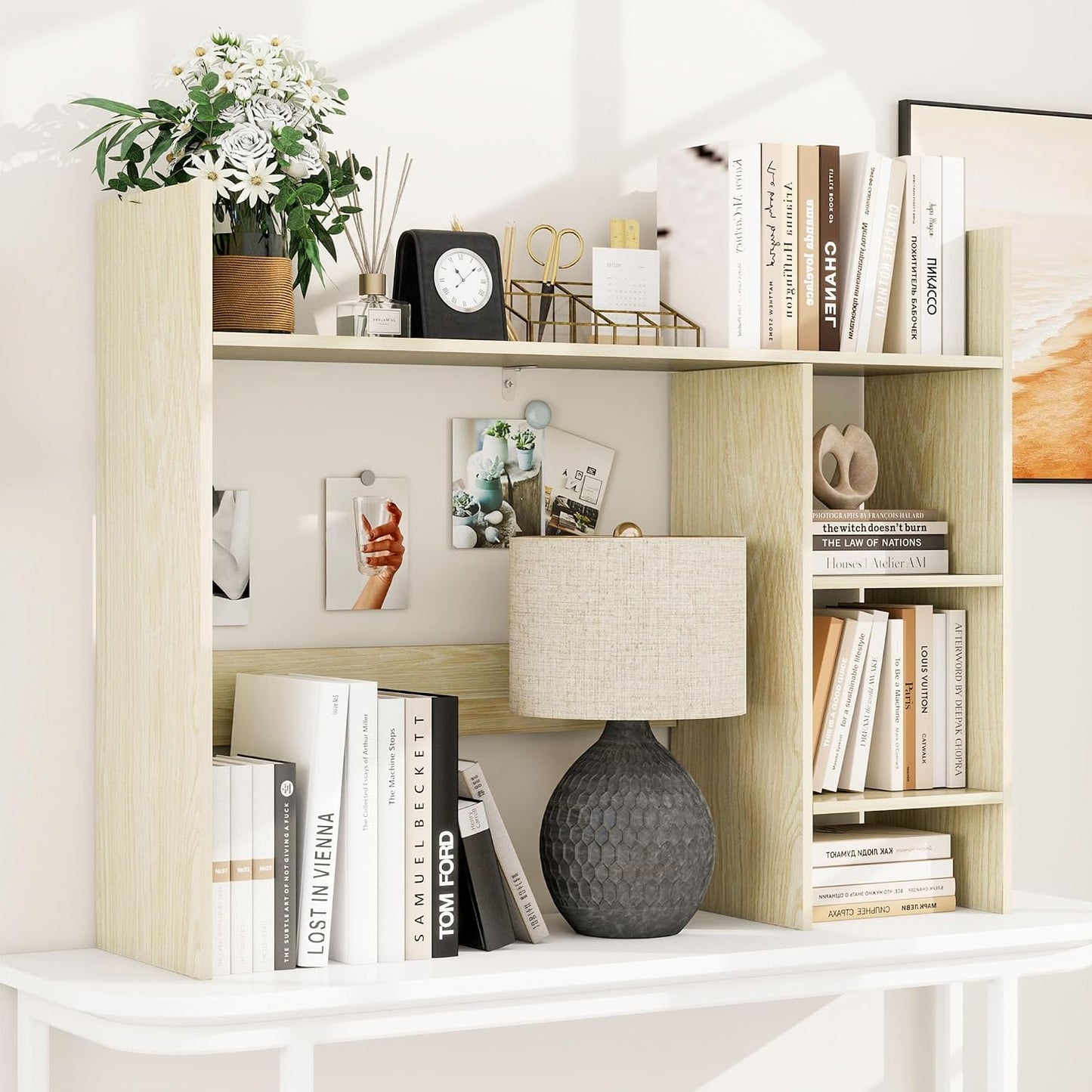 Desktop Bookshelf, 37.4’’ Wooden Desk Storage Hutch with 3 Shelves,4 Tier Multipurpose Display Shelf with Storage, Wooden Desk Shelf Organizer for Computer Desk, College Dorm, Office, Home