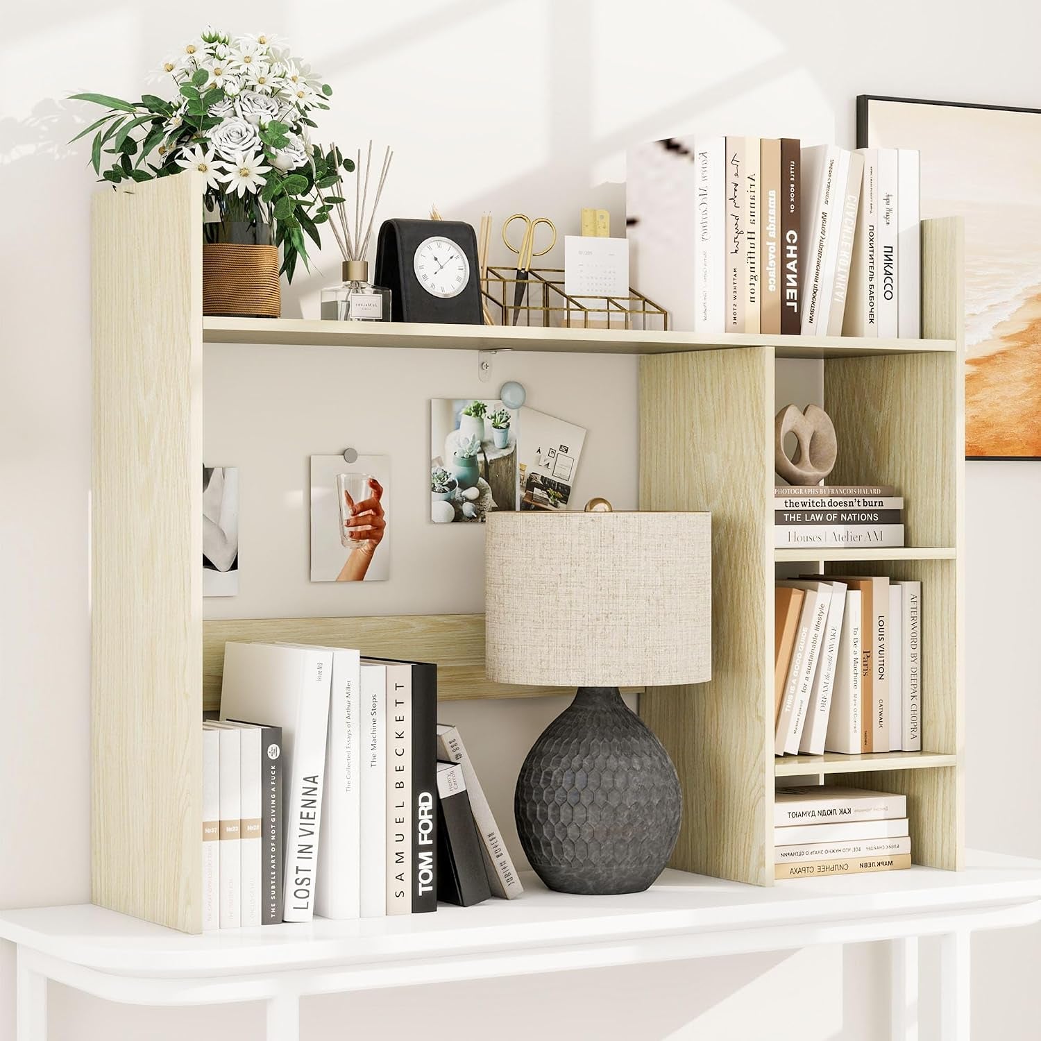 Desktop Bookshelf, 37.4’’ Wooden Desk Storage Hutch with 3 Shelves,4 Tier Multipurpose Display Shelf with Storage, Wooden Desk Shelf Organizer for Computer Desk, College Dorm, Office, Home