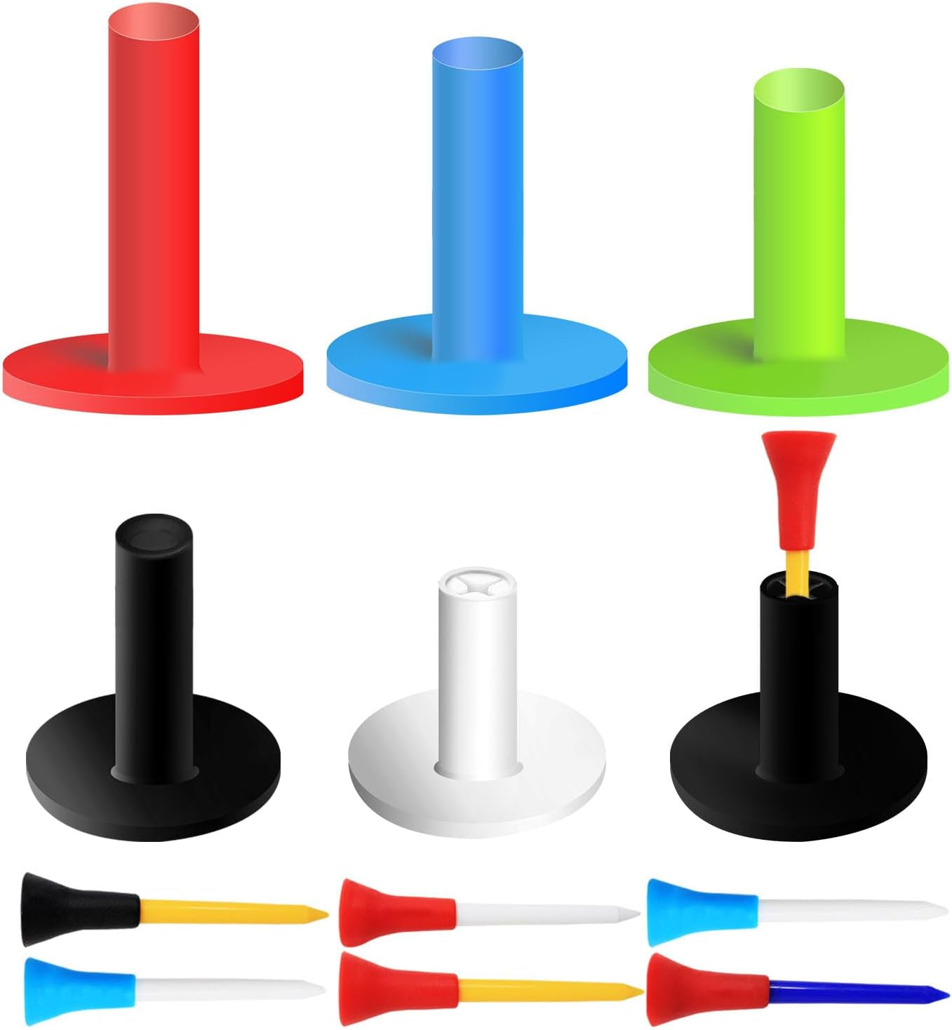 Golf Rubber Tees Value 6 Pack with 6 Plastic Tees 3 1/4 Inch, Driving Range Tee Easy to Find Stable Durable for Golf Mats Turf Practice, Mixed Size 1.5" 2.25" 2.75" 3" 3.13"