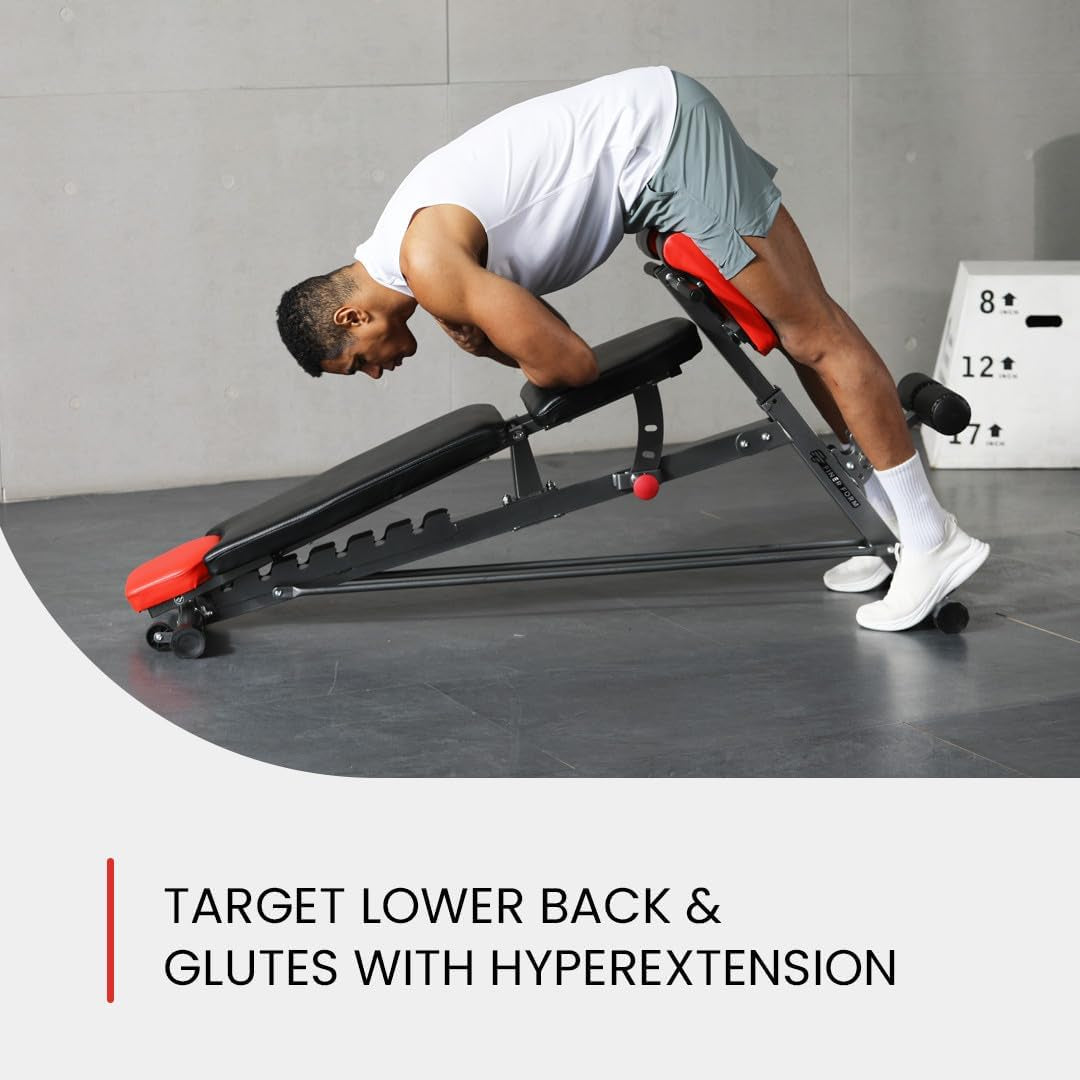 Finer Form Multi-Functional FID Weight Bench for Full All-In-One Body Workout – Hyper Back Extension, Roman Chair, Adjustable Ab Sit up Bench, Incline Decline Bench, Flat Bench