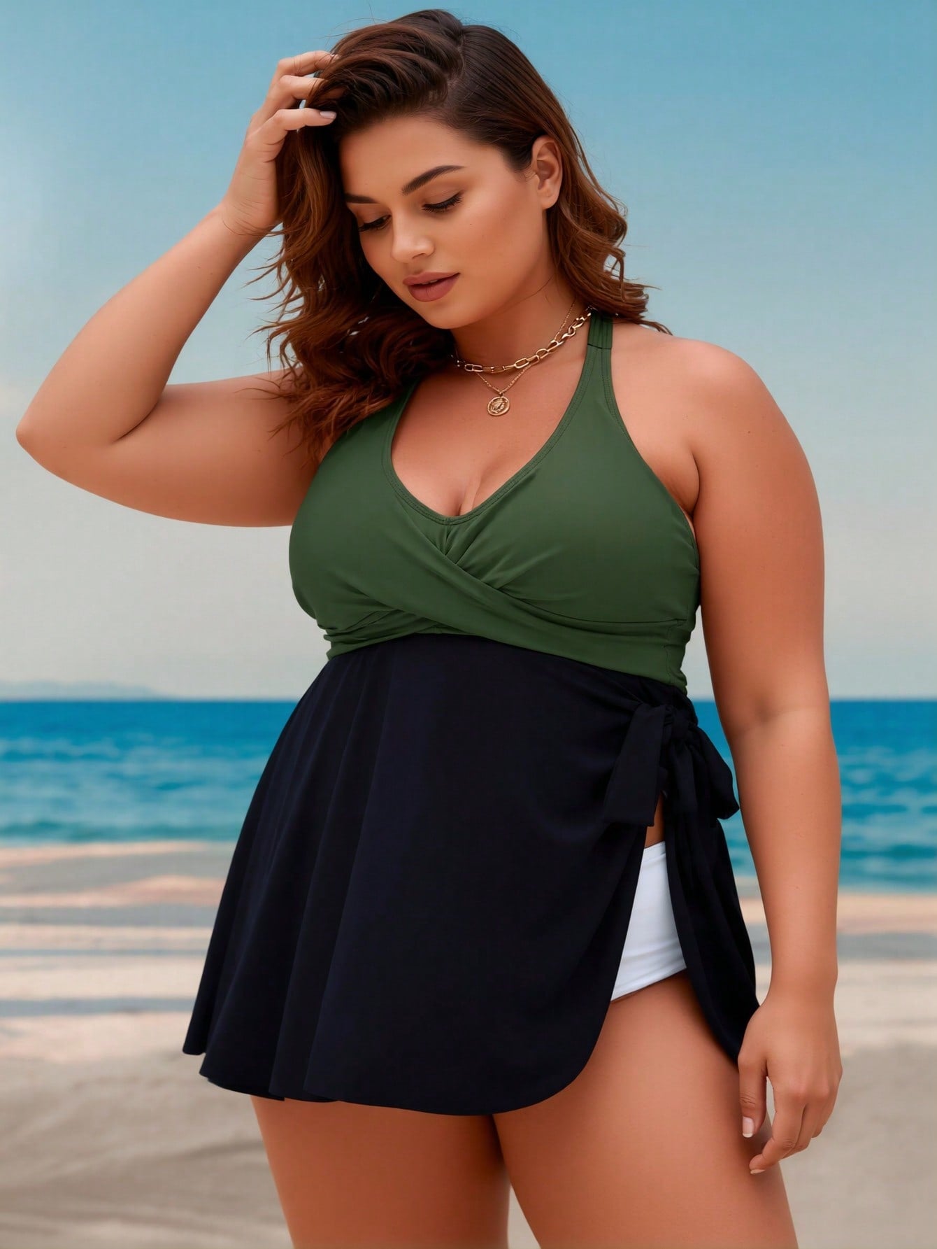 2026 New plus Size Color Block Swimdress, Halter Deep V & Side Split Skirt, Tummy Control Modest Swimwear